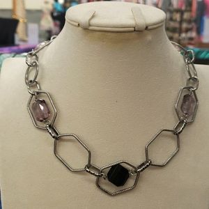 Vintage Lia Sophia Large Silver Metal with Crystal Inserts Necklace